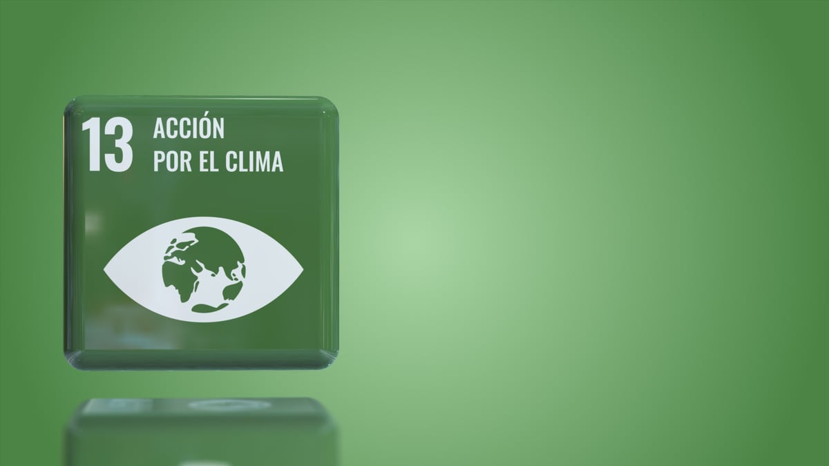 Spanish Number 13 Climate action 3D box sustainability goals 2030 with copy space